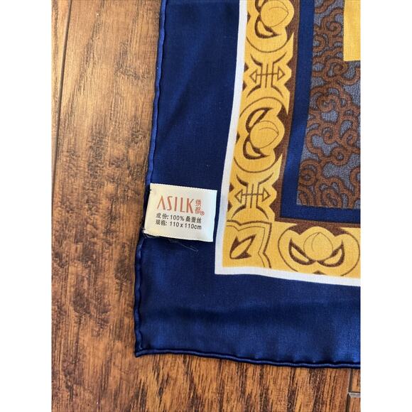NEW Asilk Women’s Traditional Japanese SILK Scarf 42” Square Yellow & Blue Fine! - Picture 6 of 7